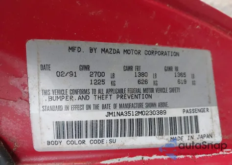 1991 Mazda Mx-5 Miata z USA, uszkodzony, nr VIN JM1NA3512M0230389